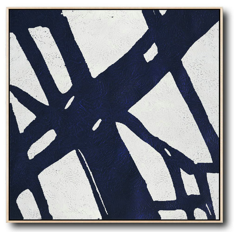 Large Abstract Painting,Minimalist Navy Blue And White Painting,Pretty Abstract Paintings